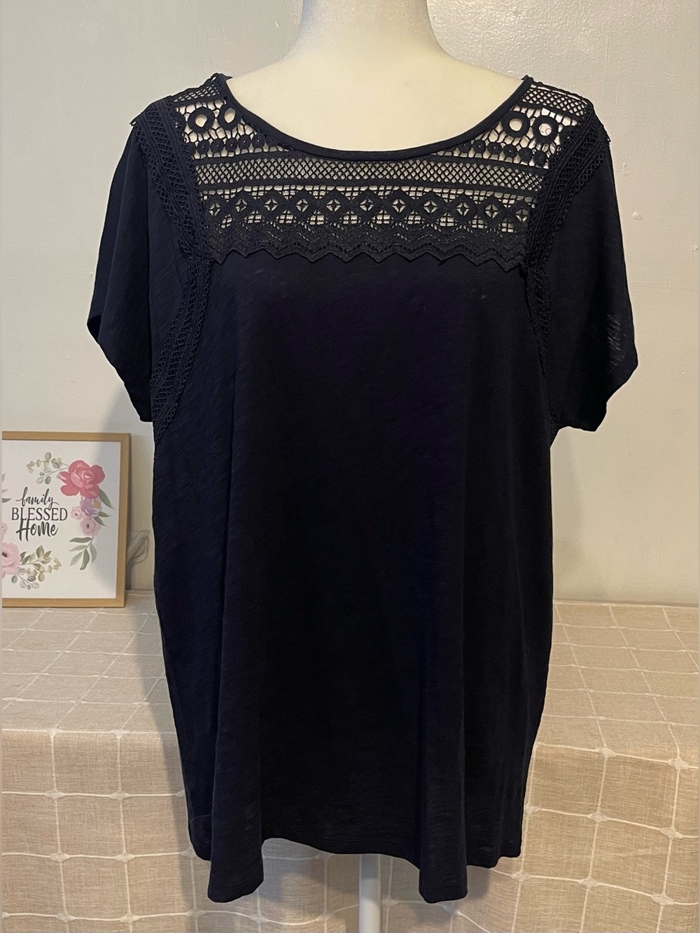 LOFT women’s casual Navy Lace Yoke Short Sleeve Blouse size XL 100% cotton NWT - Picture 8 of 15